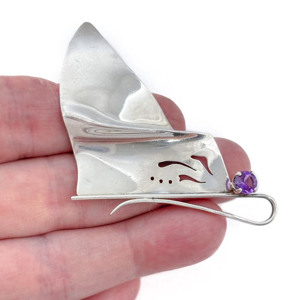 Vintage Sterling Silver 925 Amethyst Abstract Butterfly Brooch
